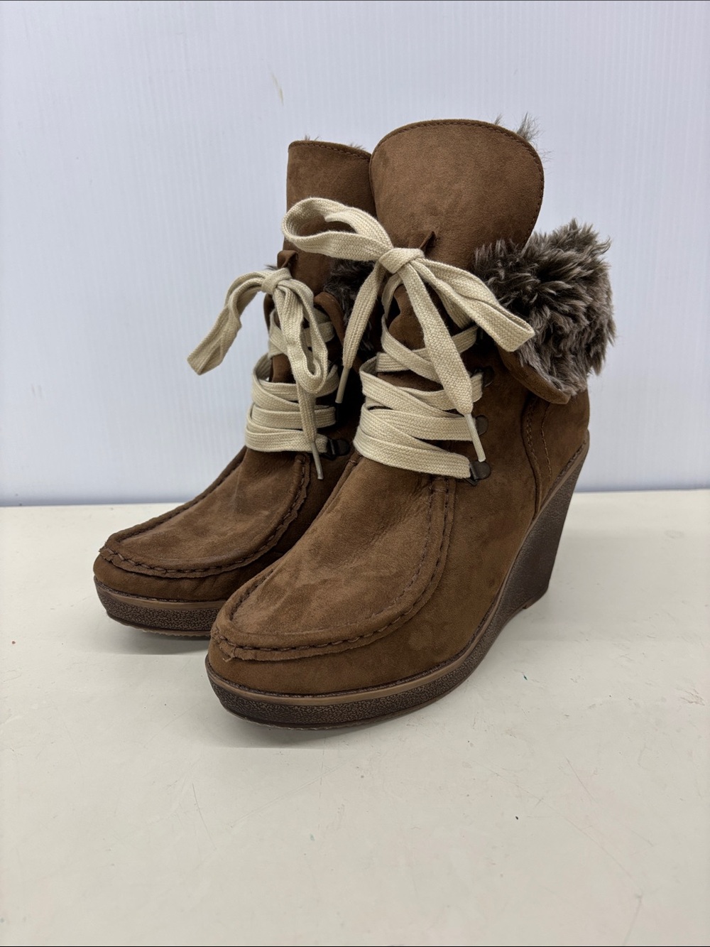 Mossimo Supply Co. Brown Faux Suede Wedge Ankle Boots with Fur Collar